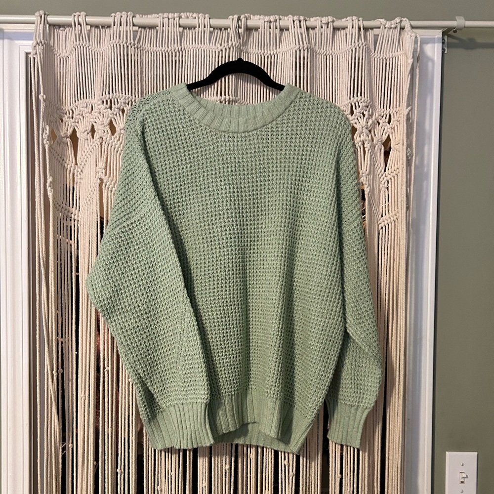 American Eagle Outfitters Green Crew Neck Sweater with Waffle Knit